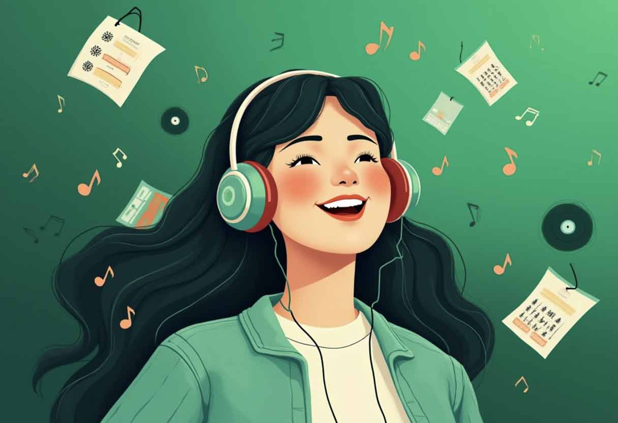 Person with headphones surrounded by green music icons and playlists on a Spotify-themed background.