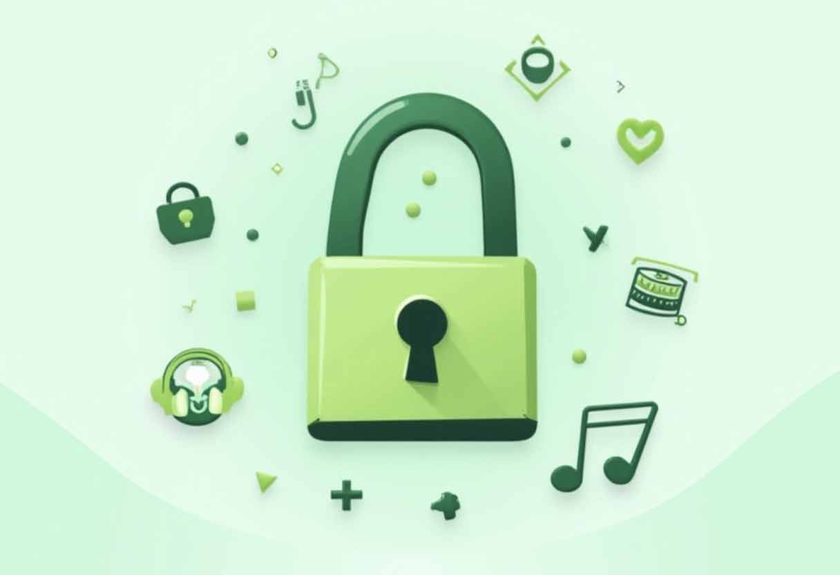 Lock icon surrounded by green music symbols, representing privacy and data protection.